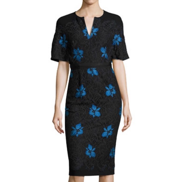 Lela Rose Flutter- Sleeve Floral Lace Sheath Black & Blue Floral Dress - Picture 1 of 9
